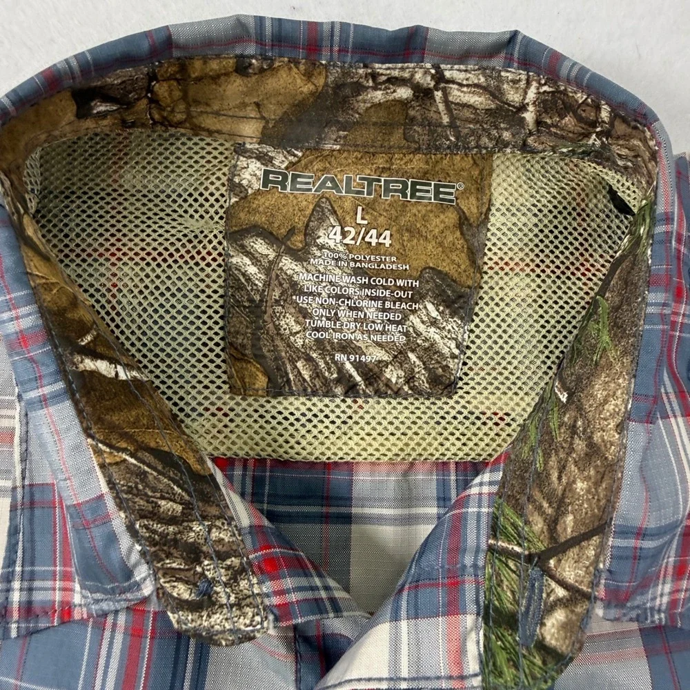 Realtree Mens Large Plaid Short Sleeve Button Down Shirt Blue Red Camo Trim